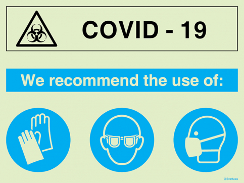 COVID - 19 - wear protective gloves, goggles and mask mandatory action sign - SC 171